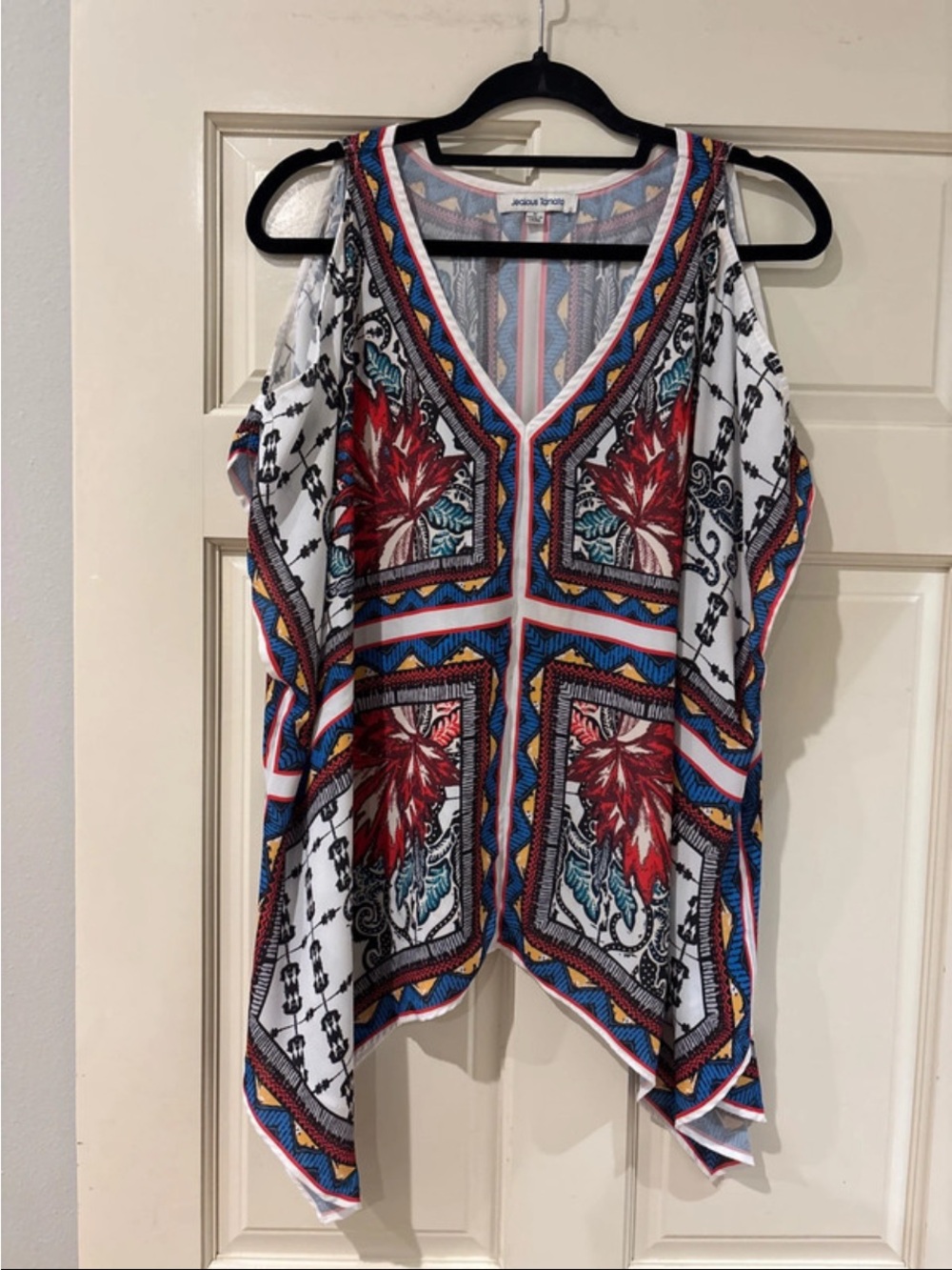 Jealous Tomato White Cold-Shoulder V-Neck Top with Red & Blue Floral Print